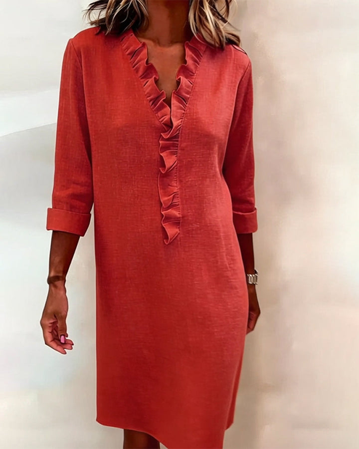 Ruffled V-Neck Solid Dress