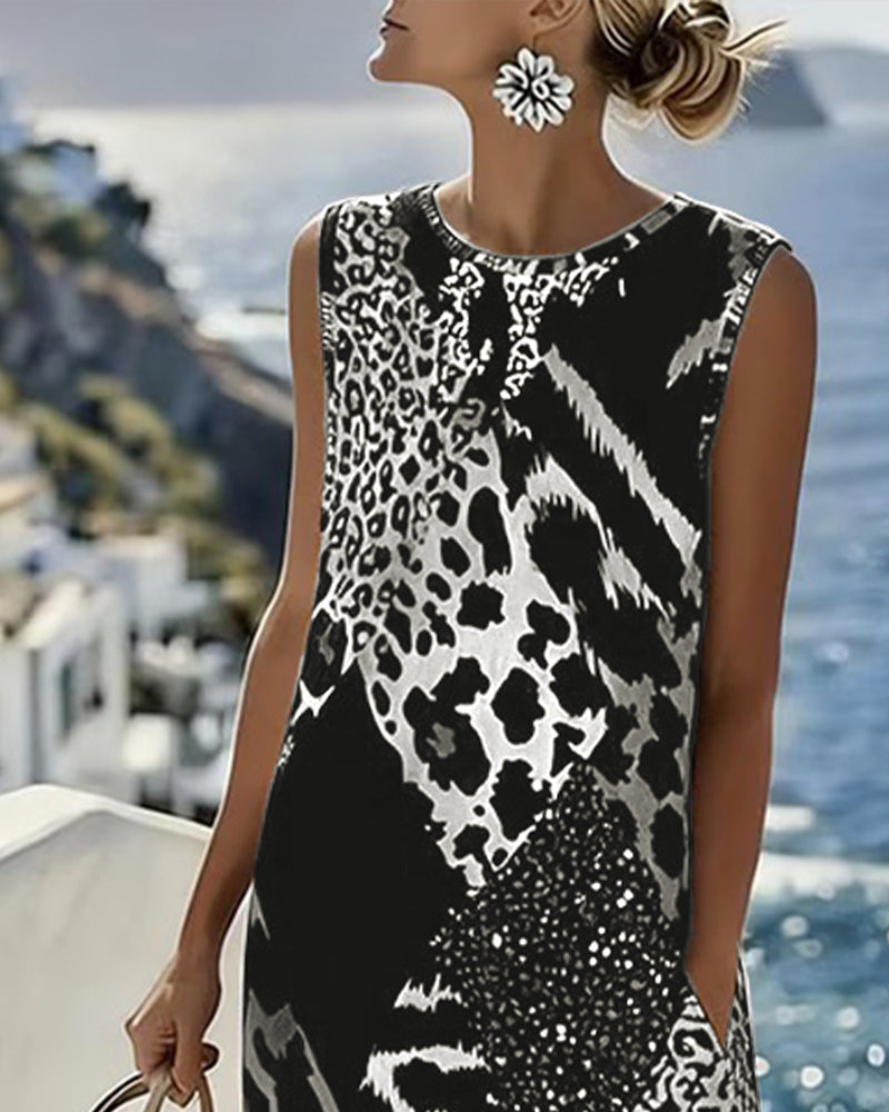 Sleeveless Long Leopard Print Patchwork Dress