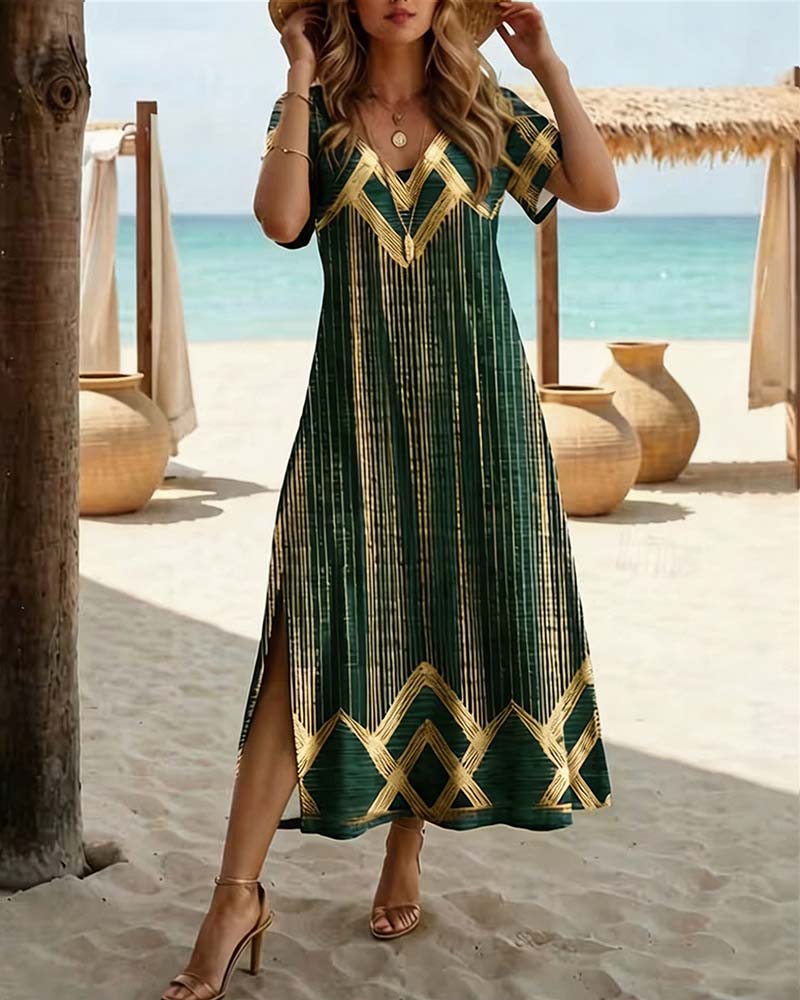 V-Neck Printed Vacation Maxi Dress