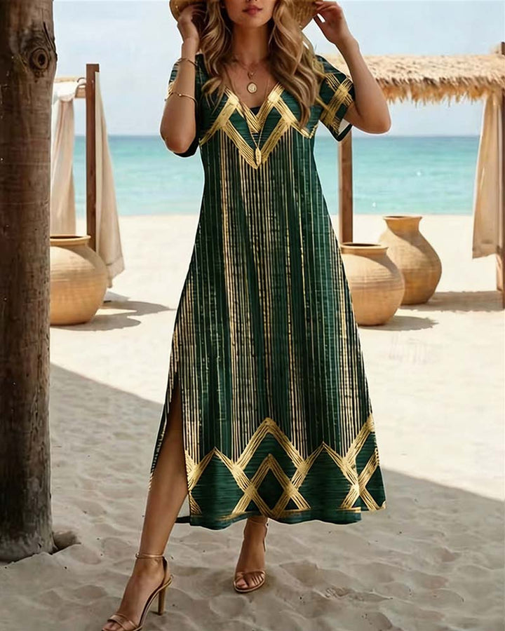 V-Neck Printed Vacation Maxi Dress