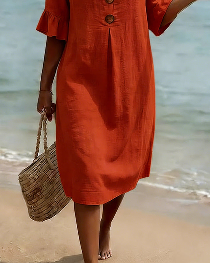 Buttoned Ruffled Sleeve Dress 100% Cotton