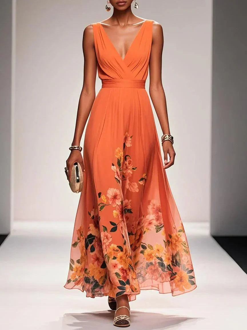 Rose | Light Blue Floral Chiffon Maxi Dress with V-Neck