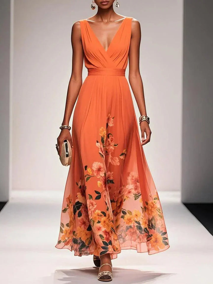 Rose | Light Blue Floral Chiffon Maxi Dress with V-Neck