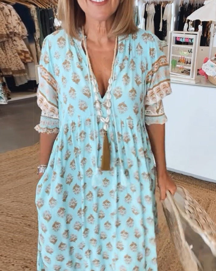 MANA | CHIC FLORAL MIDI DRESS WITH V-NECK