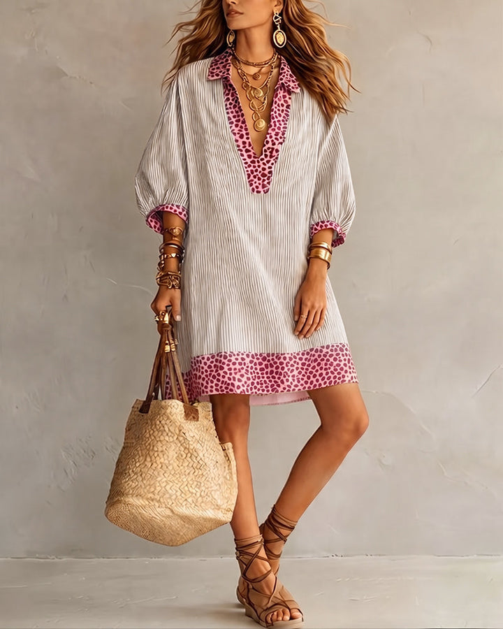 Leopard Print Panel Dress with Puff Sleeves and Striped Shirt