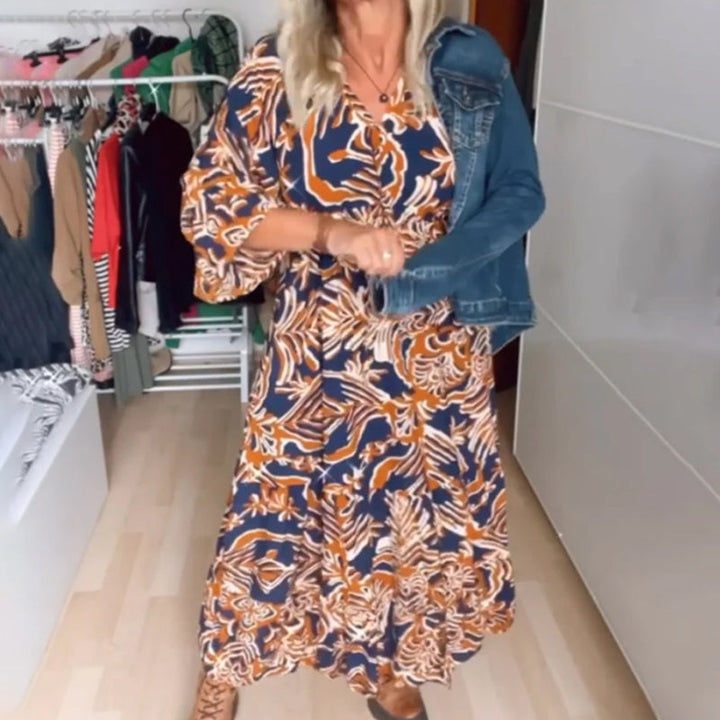 Long Printed Dress with V-Neck