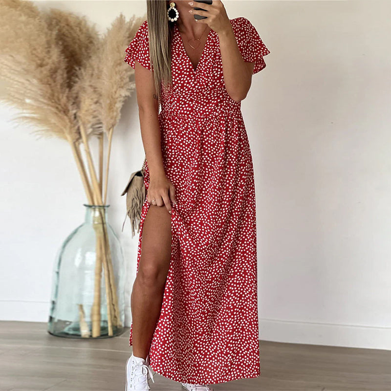 Long Printed Dress with V-Neck