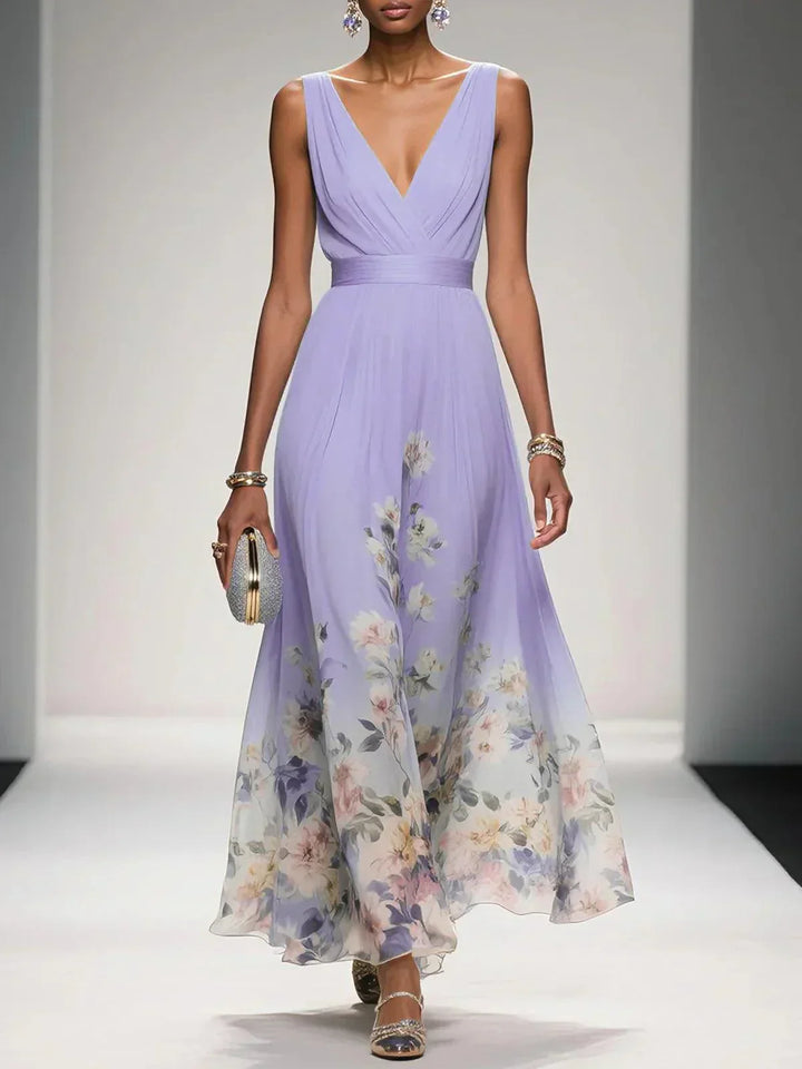 Rose | Light Blue Floral Chiffon Maxi Dress with V-Neck