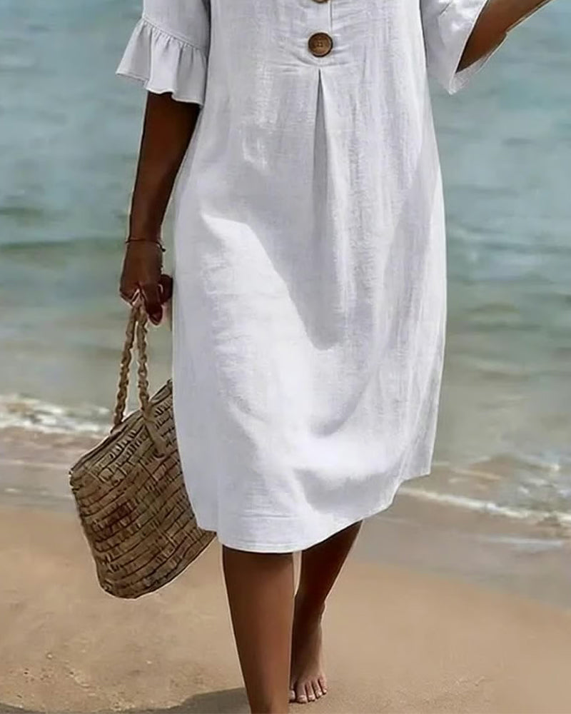 Buttoned Ruffled Sleeve Dress 100% Cotton