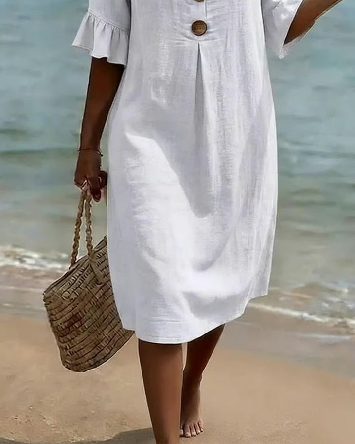 Buttoned Ruffled Sleeve Dress 100% Cotton