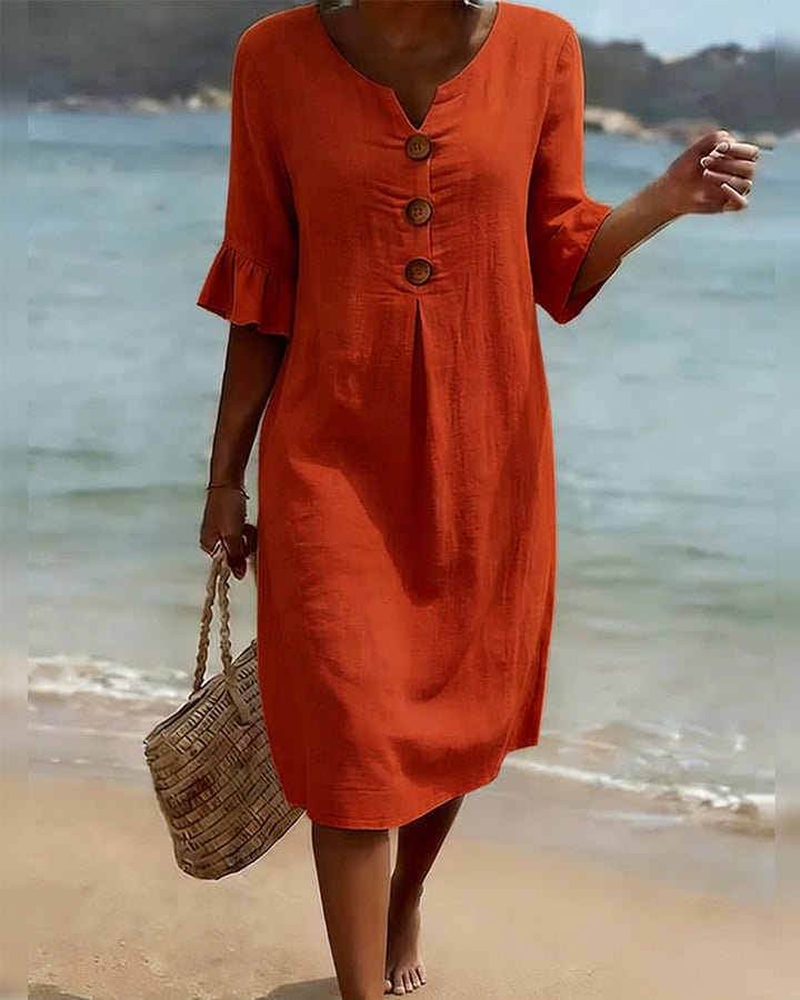 Buttoned Ruffled Sleeve Dress 100% Cotton