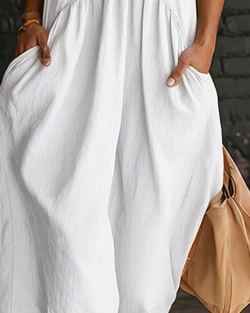 100% Cotton Sleeveless High Neck Solid Maxi Dress