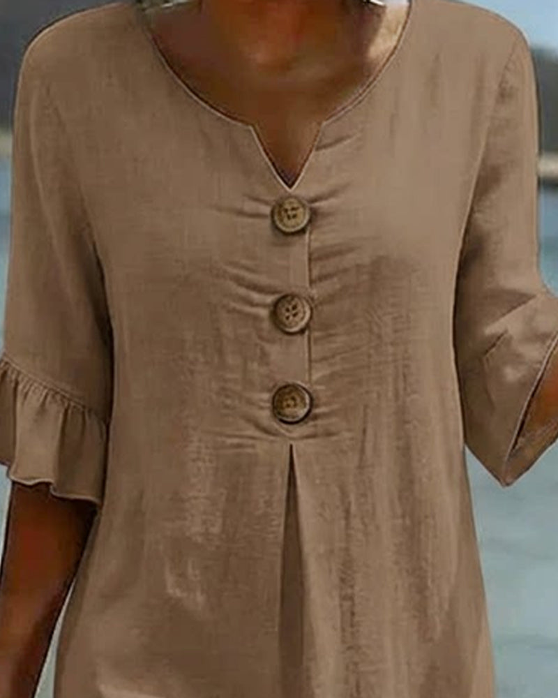 Buttoned Ruffled Sleeve Dress 100% Cotton