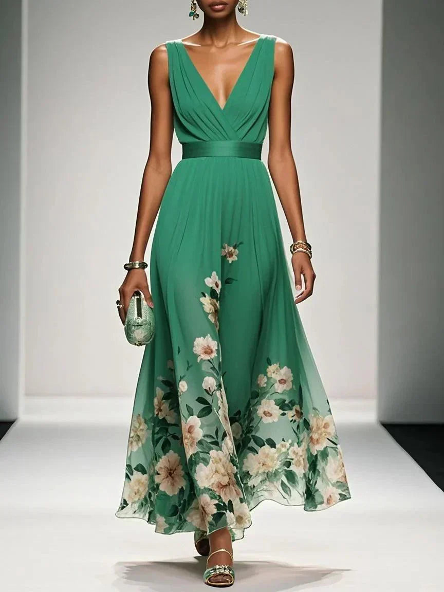 Rose | Light Blue Floral Chiffon Maxi Dress with V-Neck