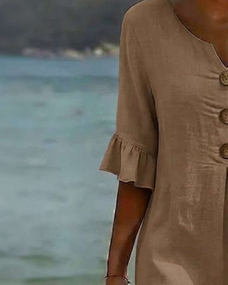 Buttoned Ruffled Sleeve Dress 100% Cotton