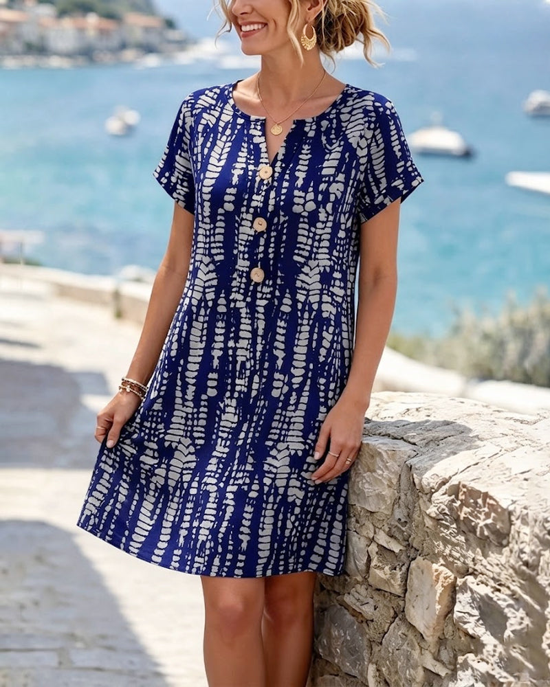 Color Contrast Dress Short Sleeves A-Line Hem