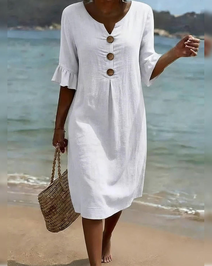Buttoned Ruffled Sleeve Dress 100% Cotton