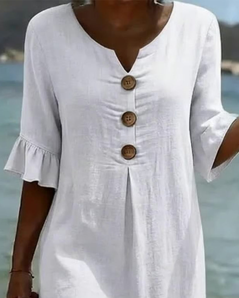Buttoned Ruffled Sleeve Dress 100% Cotton