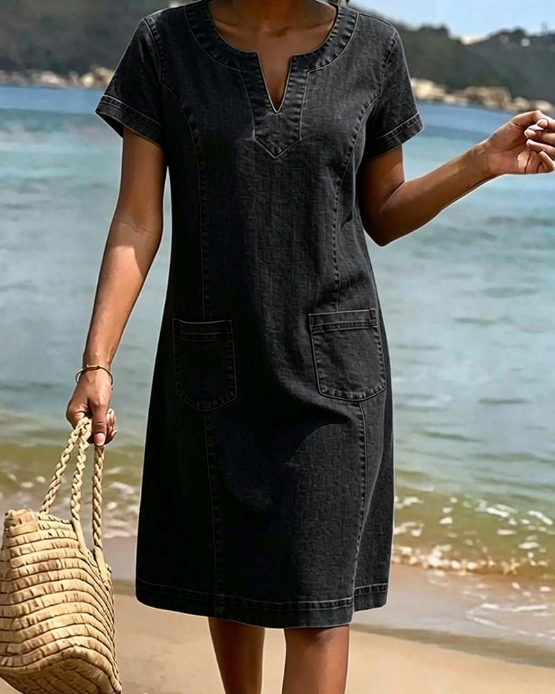 Casual Sheath Dress Pocket Small V-Neck