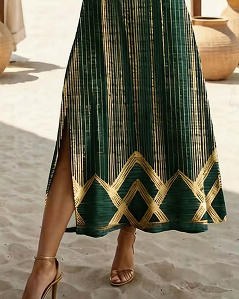 V-Neck Printed Vacation Maxi Dress