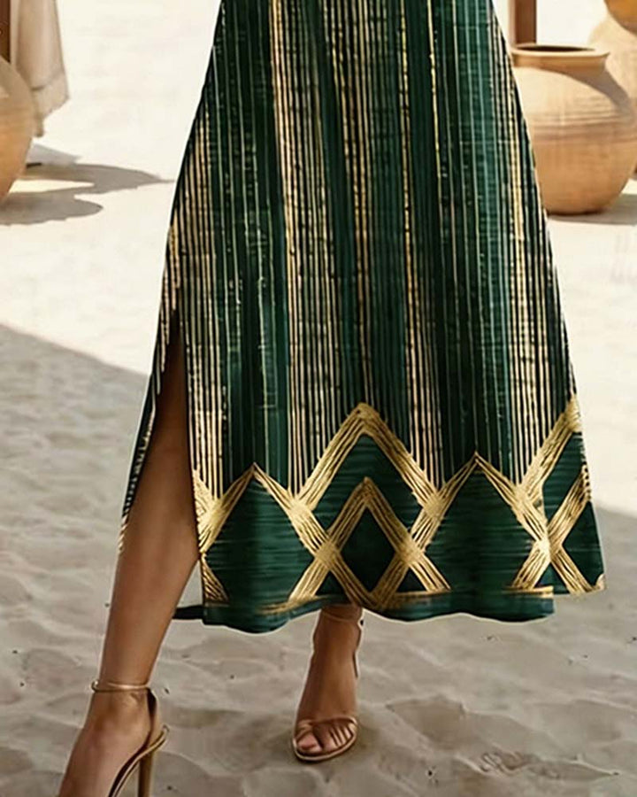 V-Neck Printed Vacation Maxi Dress