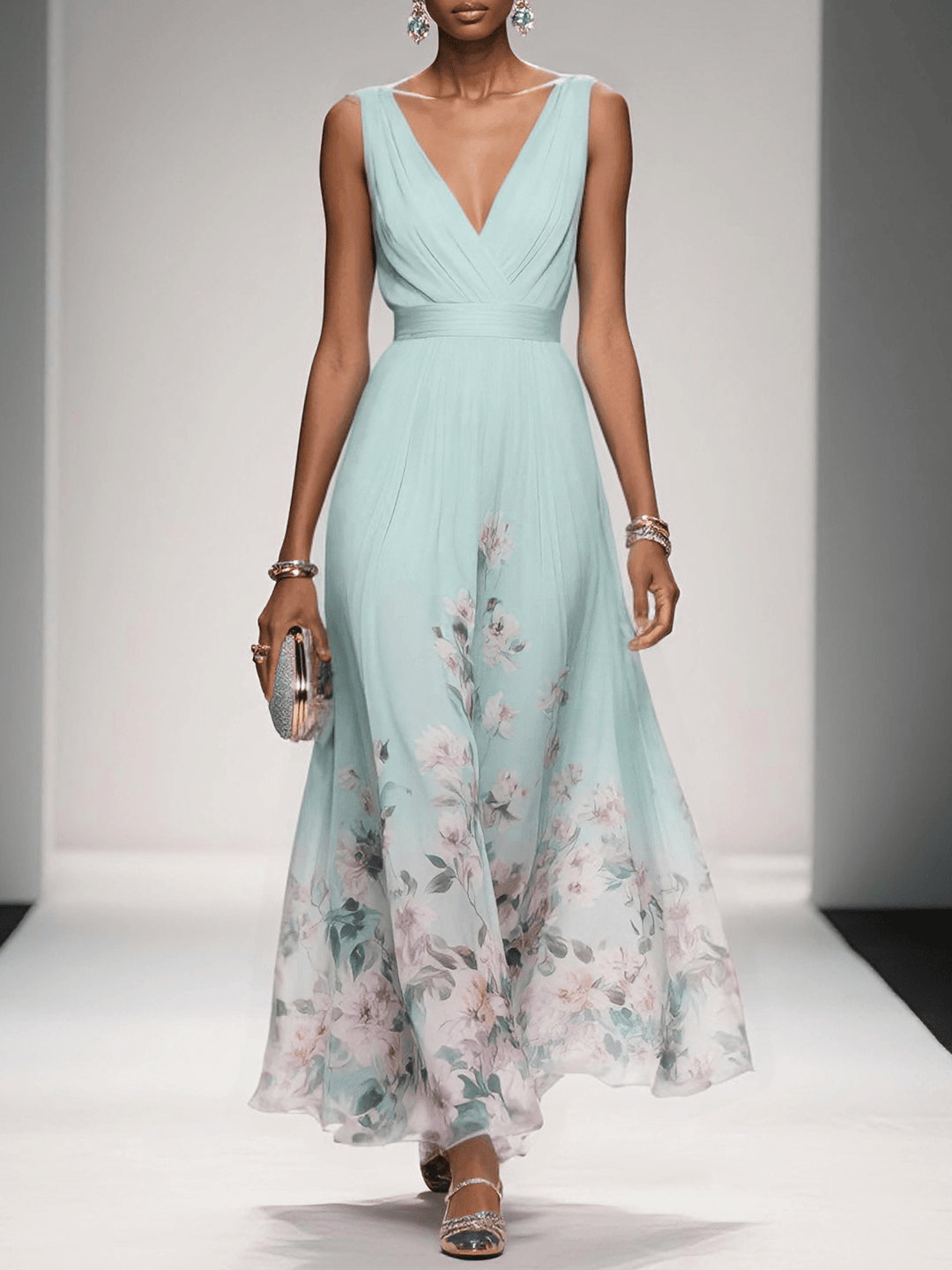 Rose | Light Blue Floral Chiffon Maxi Dress with V-Neck