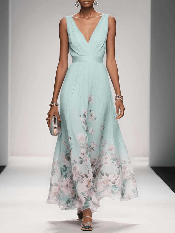 Rose | Light Blue Floral Chiffon Maxi Dress with V-Neck