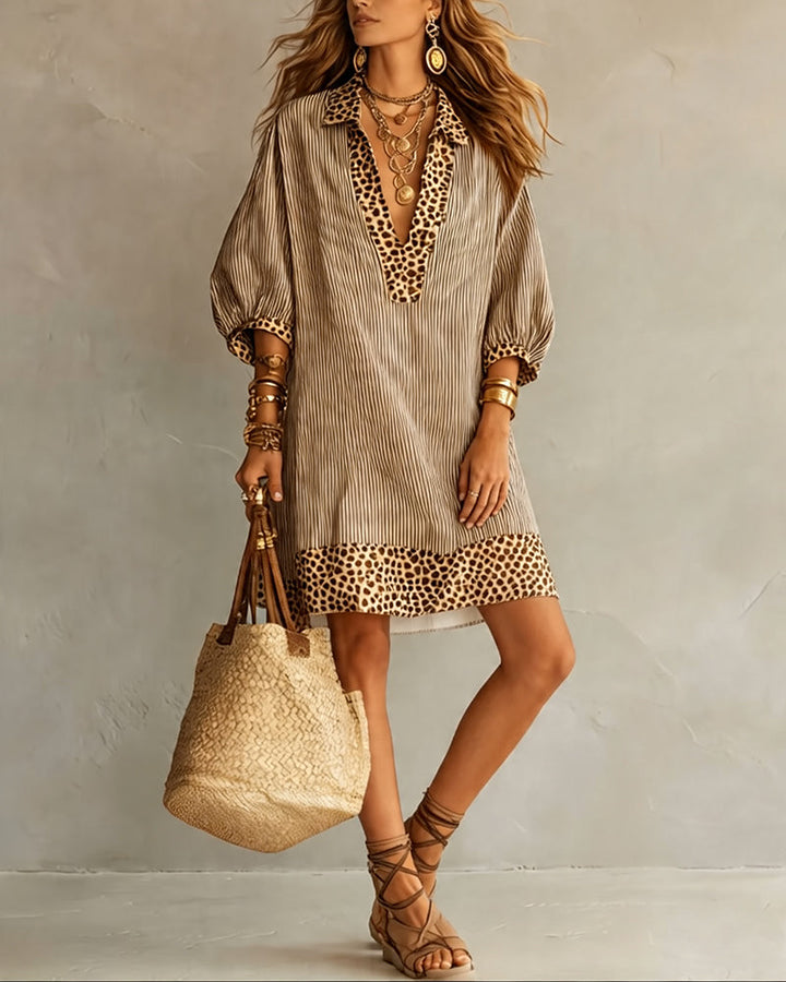 Leopard Print Panel Dress with Puff Sleeves and Striped Shirt
