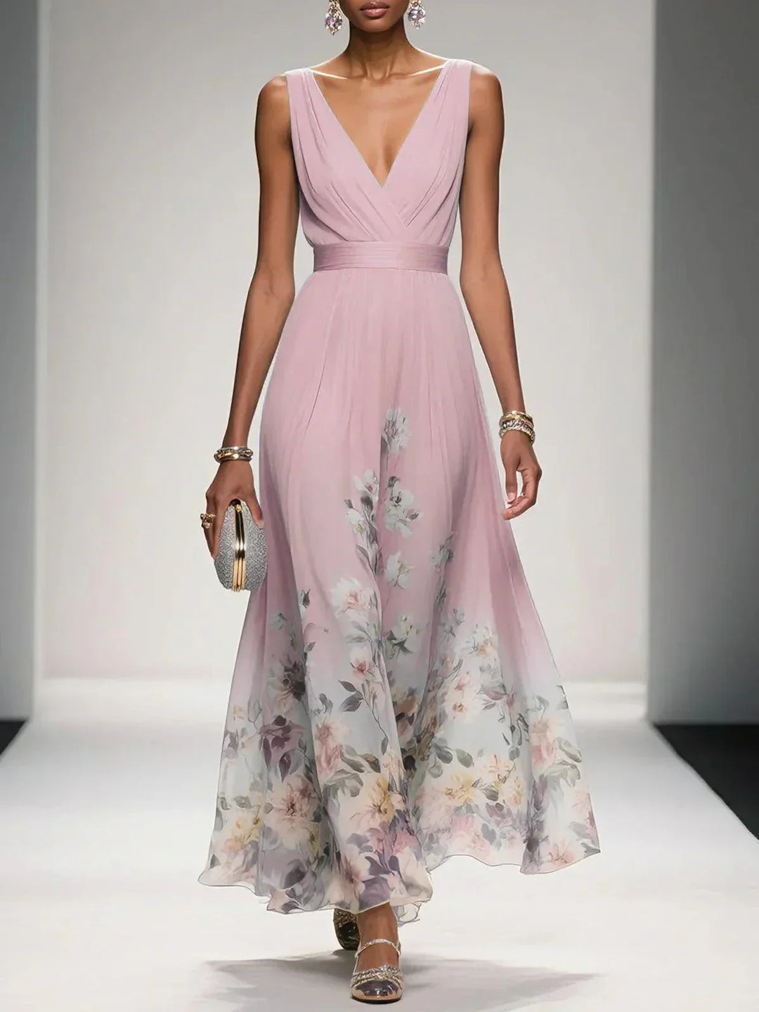 Rose | Light Blue Floral Chiffon Maxi Dress with V-Neck