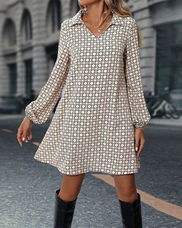 Printed Long Sleeve Dress with Lapel