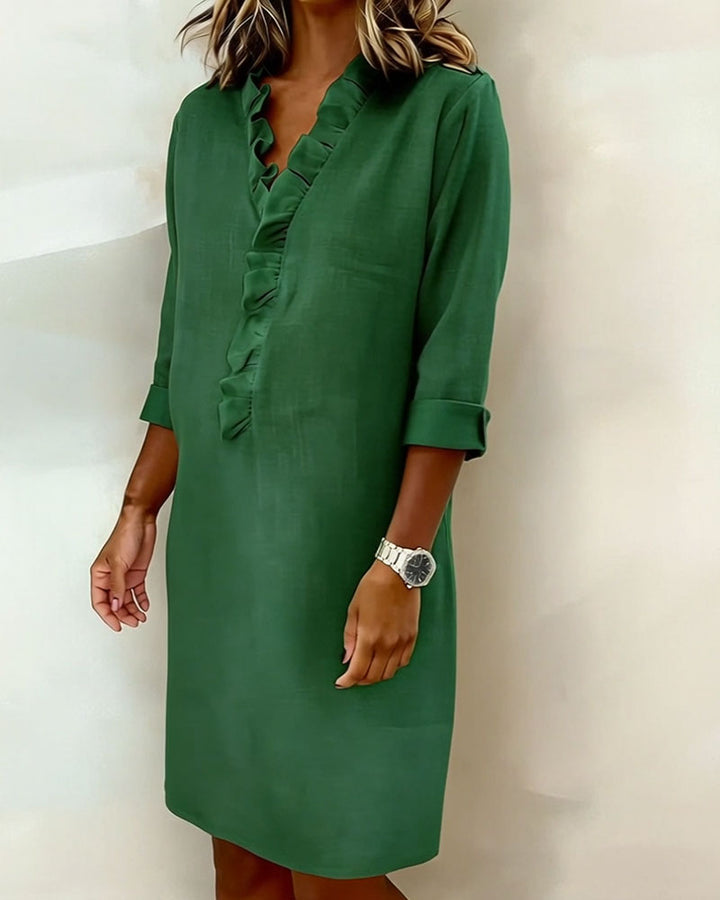 Ruffled V-Neck Solid Dress