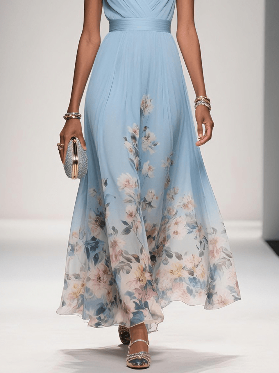 Rose | Light Blue Floral Chiffon Maxi Dress with V-Neck