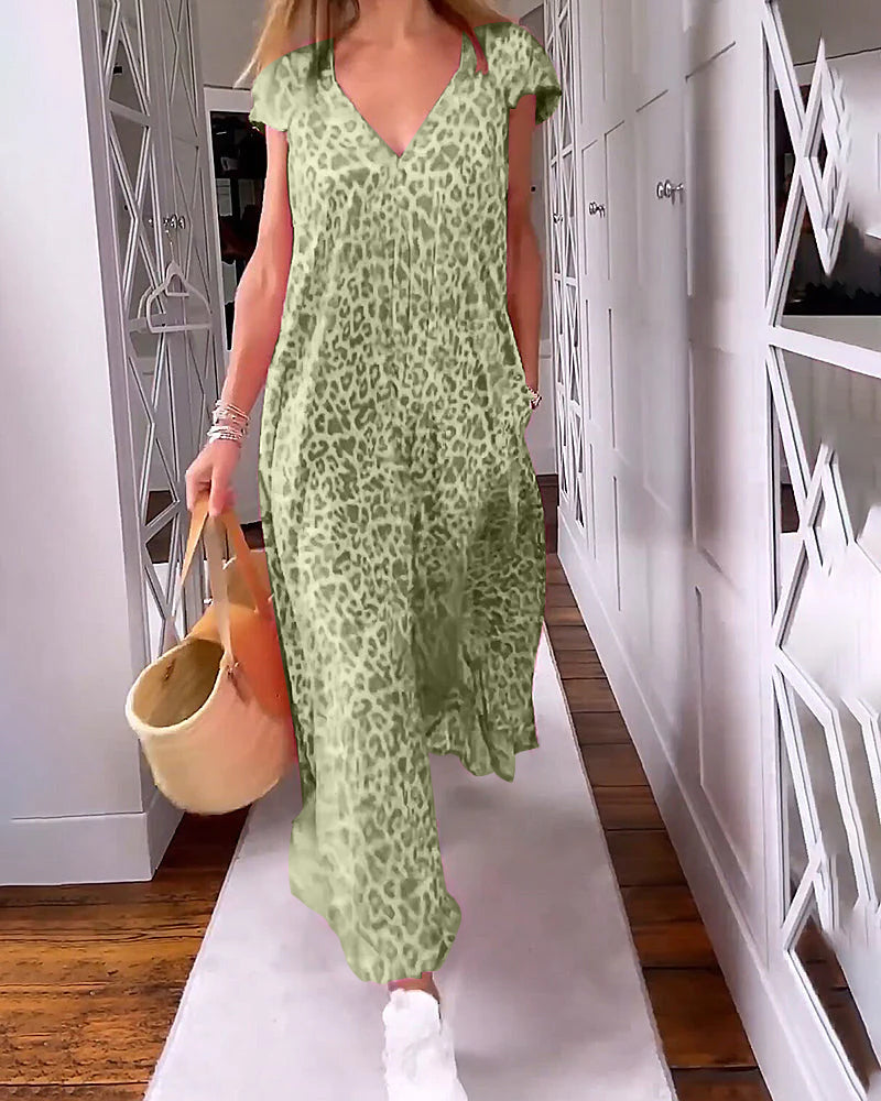 Long V-neck printed dress with short sleeves