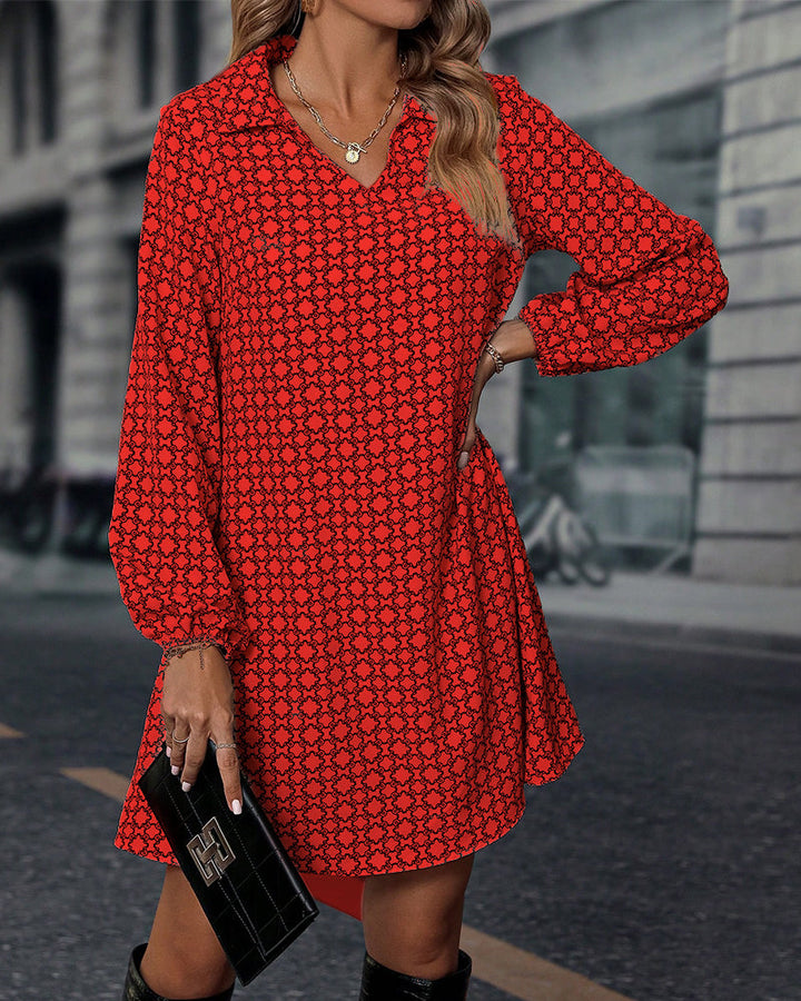 Printed Long Sleeve Dress with Lapel