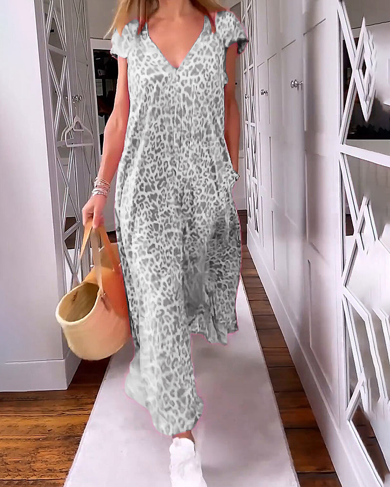 Long V-neck printed dress with short sleeves