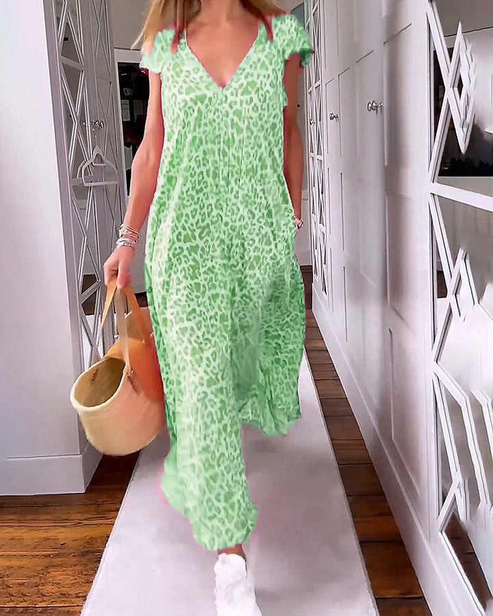 Long V-neck printed dress with short sleeves